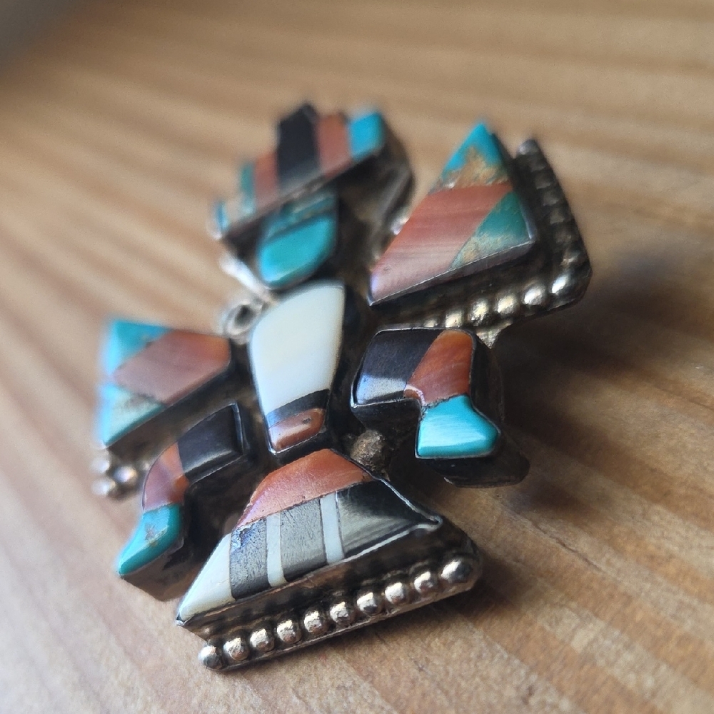 Vintage Zuni Turquoise and Sterling Silver Knifewing Pendant - Picture 3 of 7